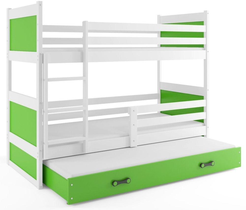 eoshop Poschodová posteľ s prístelkou RICO 3 80x160 cm, biela / zelená (Voľba matraca: Penový matrac)