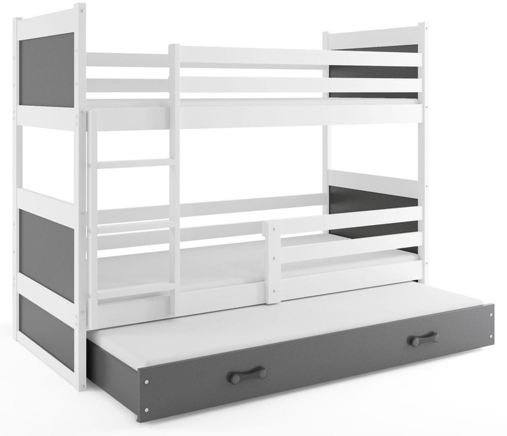 eoshop Poschodová posteľ s prístelkou RICO 3 90x200 cm, biela/grafitová (Voľba matraca: Penový matrac)