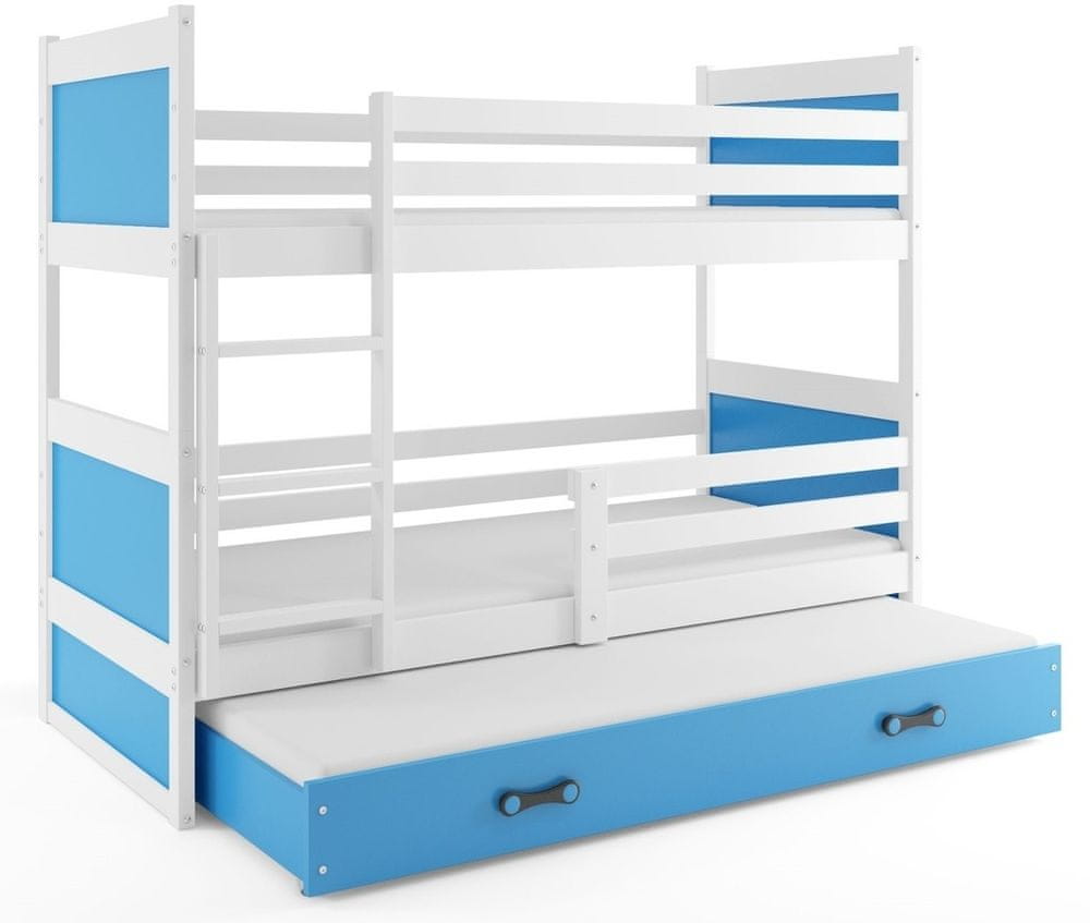 eoshop Poschodová posteľ s prístelkou RICO 3 90x200 cm, biela / modrá (Voľba matraca: Penový matrac)