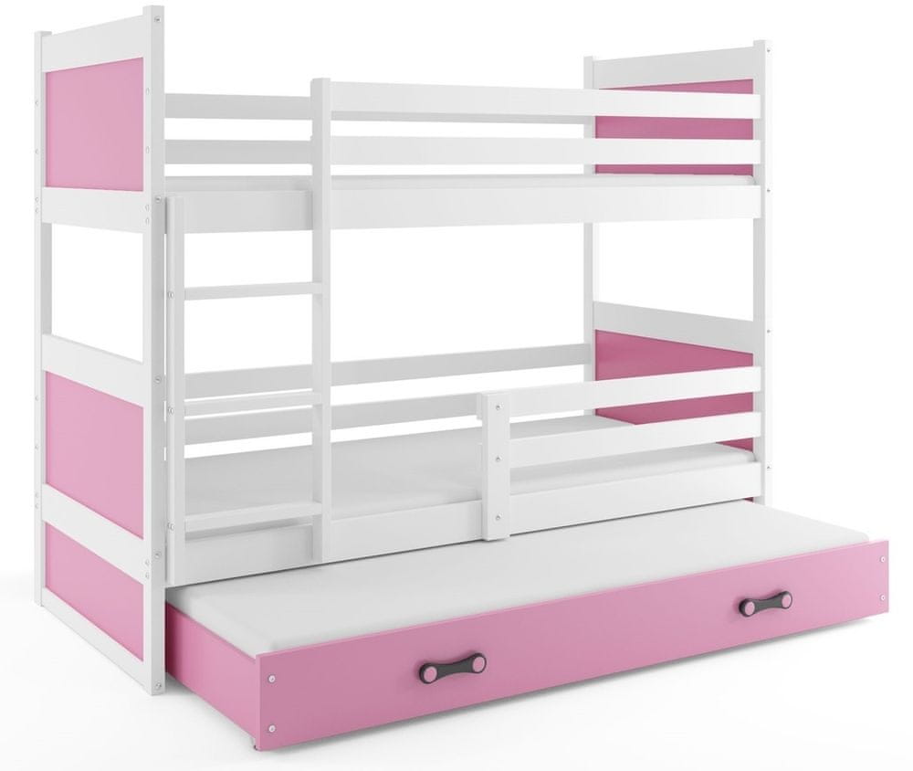 eoshop Poschodová posteľ s prístelkou RICO 3 80x160 cm, biela / ružová (Voľba matraca: Penový matrac)