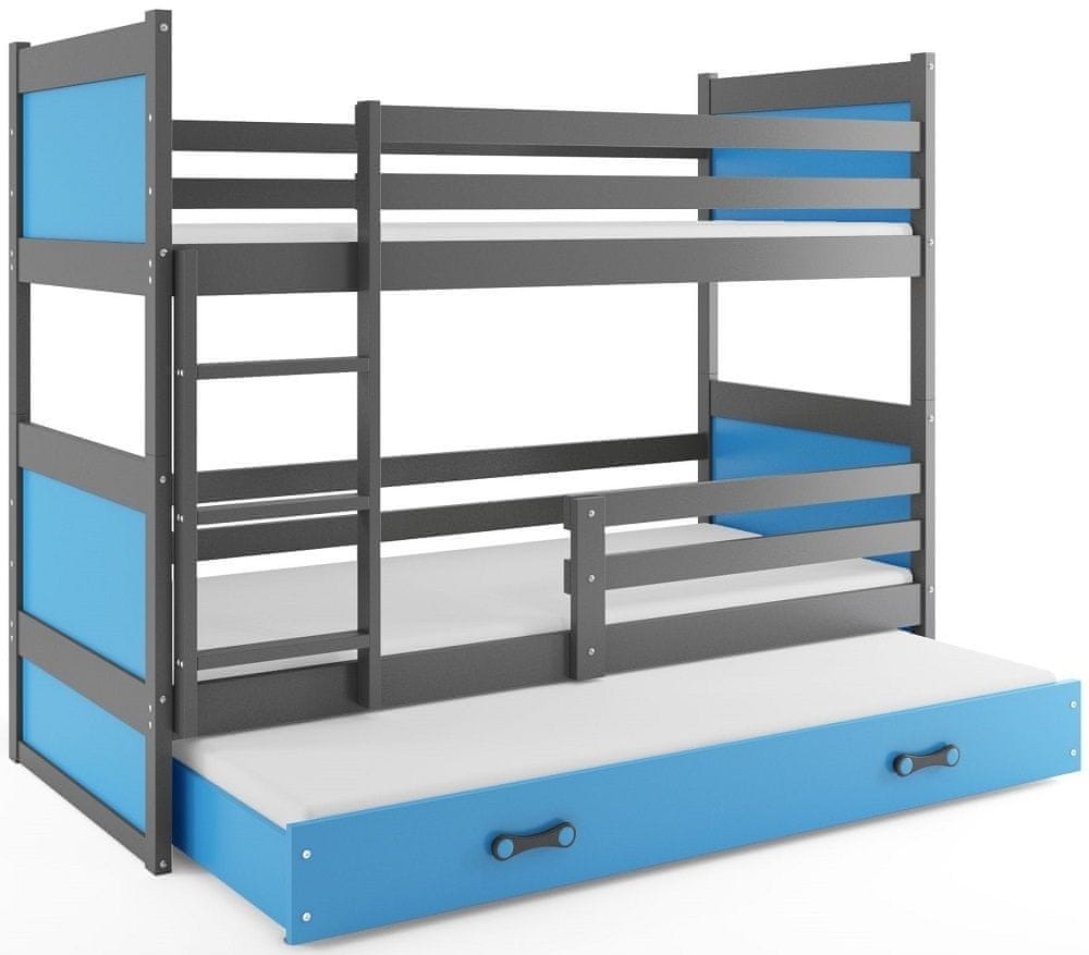eoshop Poschodová posteľ s prístelkou RICO 3 80x160 cm, grafitová/modrá (Voľba matraca: Penový matrac)