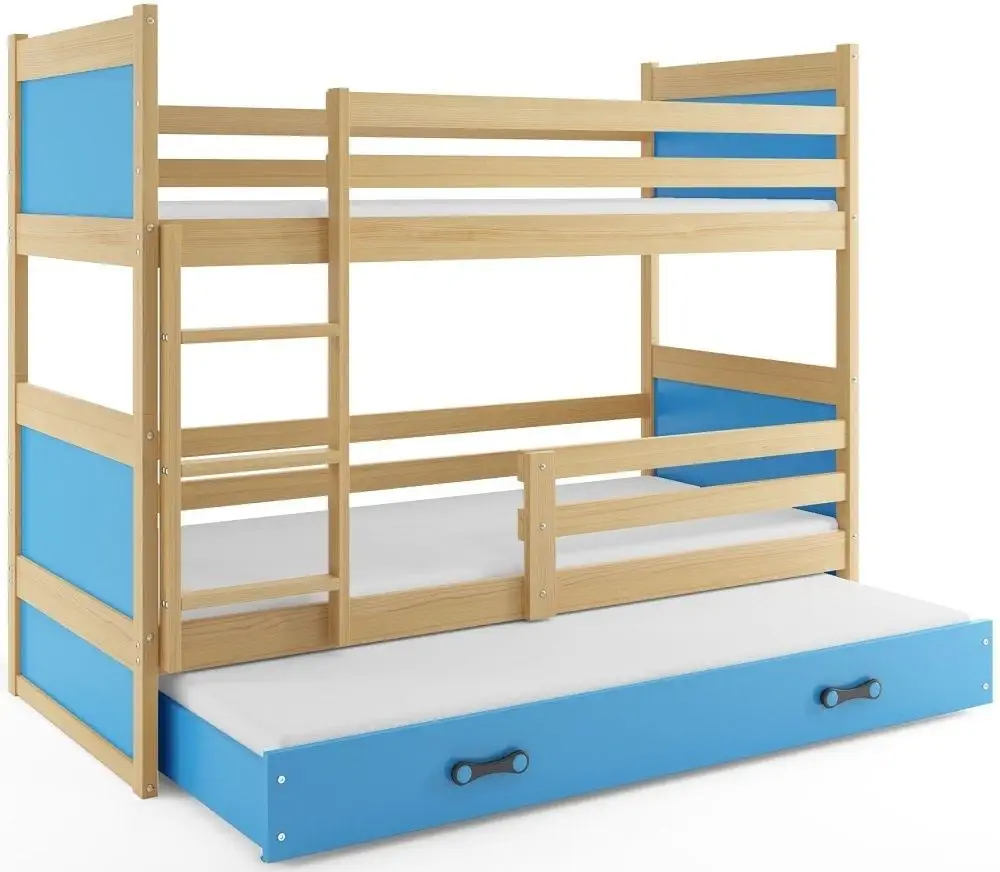 eoshop Poschodová posteľ s prístelkou RICO 3 80x160 cm, borovica/modrá (Voľba matraca: Penový matrac)