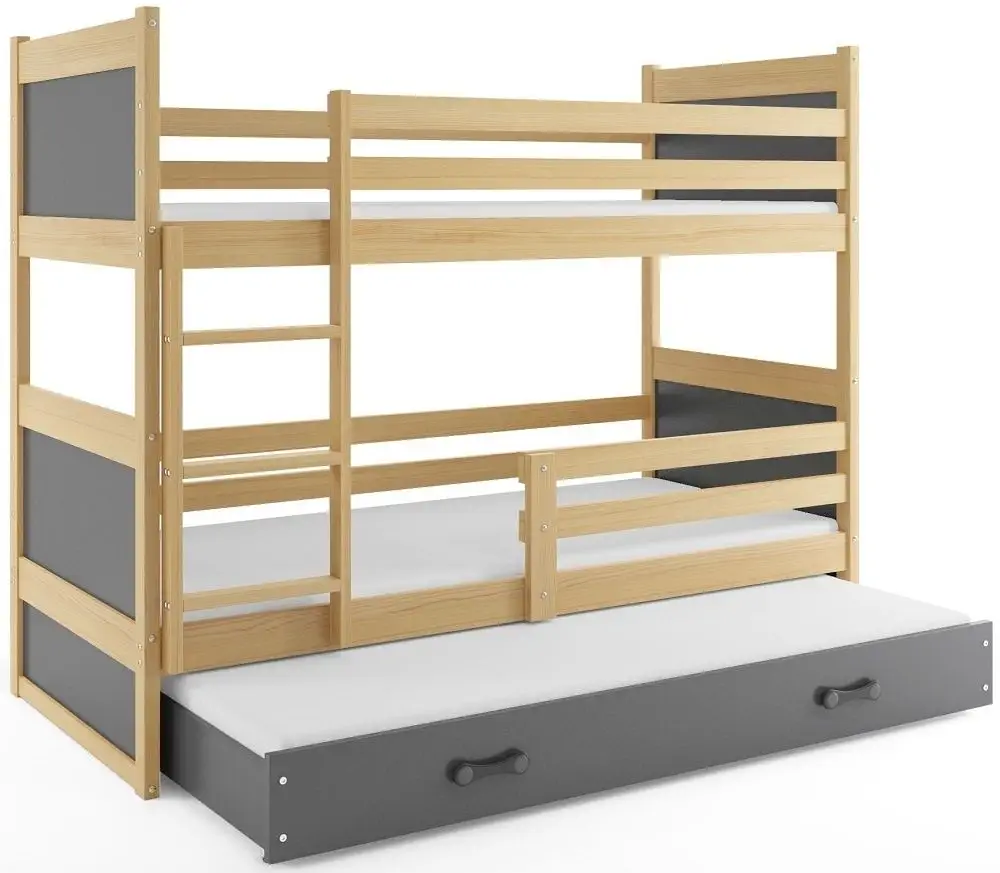 eoshop Poschodová posteľ s prístelkou RICO 3 90x200 cm, borovica/grafitová (Voľba matraca: Penový matrac)