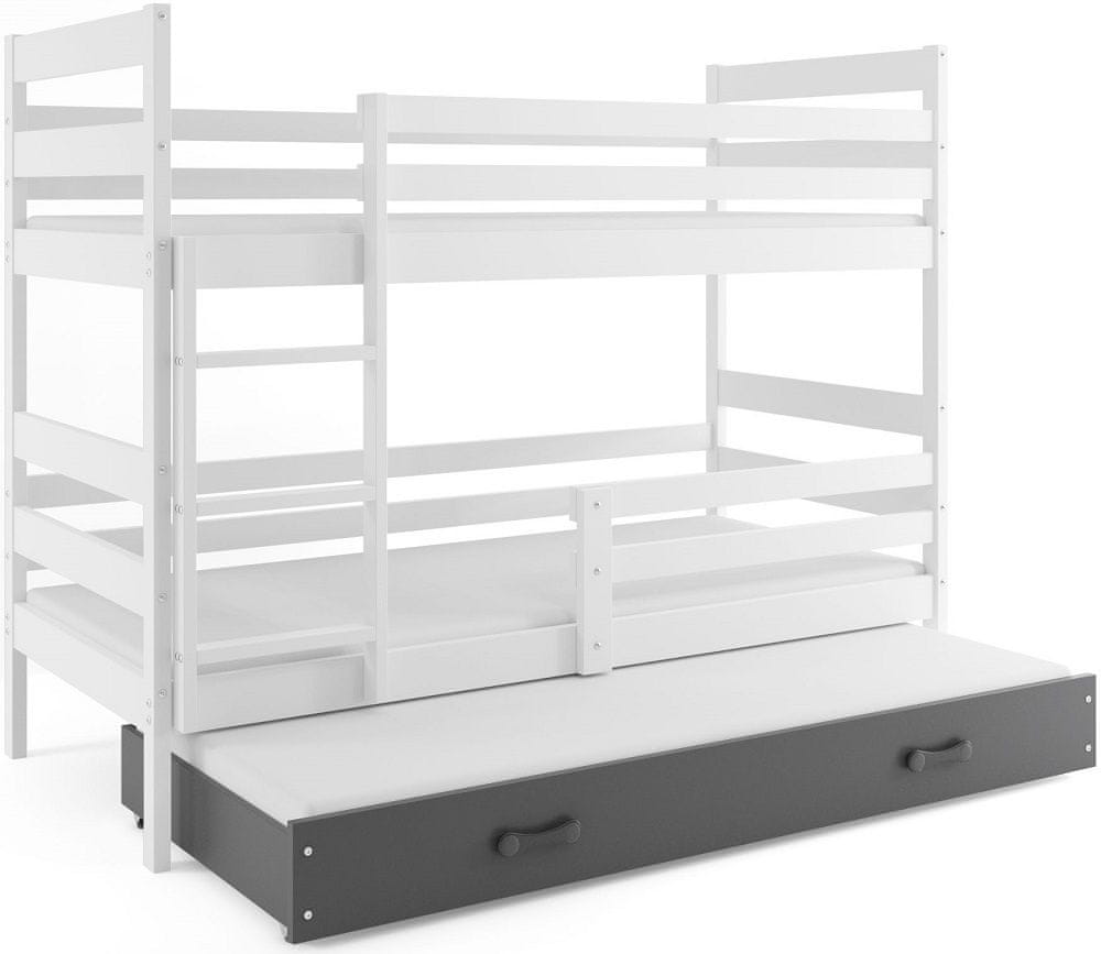 eoshop Poschodová posteľ s prístelkou ERYK 3 90x200 cm, biela/grafitová (Voľba matraca: Penový matrac)