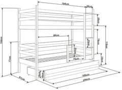 eoshop Poschodová posteľ s prístelkou ERYK 3 90x200 cm, borovica/biela (Voľba matraca: Penový matrac)