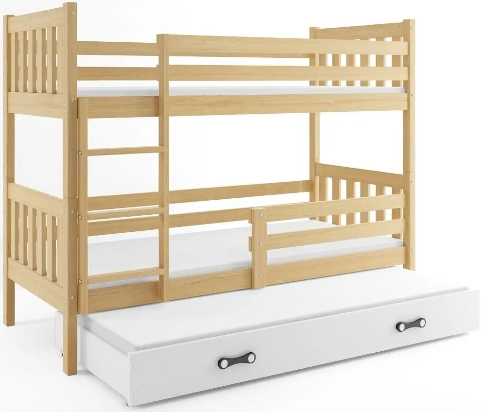 eoshop Poschodová posteľ s prístelkou CARINO 3 80x190 cm, borovica/biela (Voľba matraca: Penový matrac)