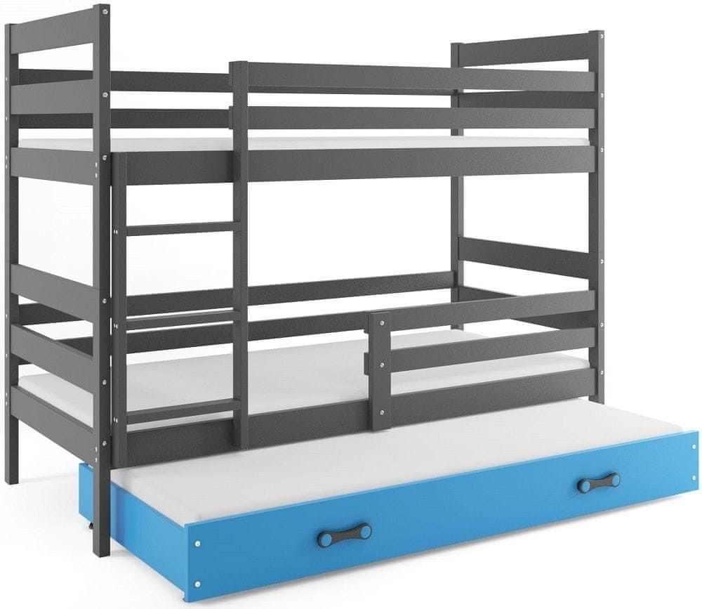 eoshop Poschodová posteľ s prístelkou ERYK 3 80x160 cm, grafitová/modrá (Voľba matraca: Penový matrac)