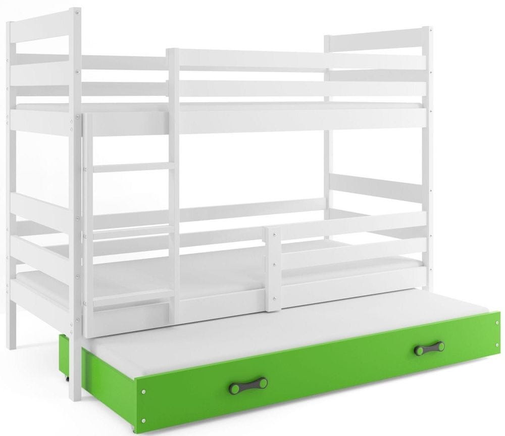 eoshop Poschodová posteľ s prístelkou ERYK 3 90x200 cm, biela / zelená (Voľba matraca: Penový matrac)