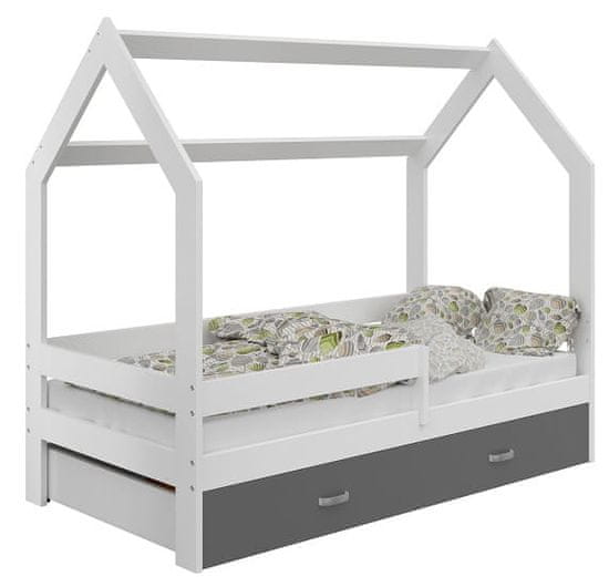 eoshop Detská posteľ Domček 80x160 cm D3, rošt ZADARMO - biela (Voľba matrac: S matracov, Farba úložného priestoru: Biela, Farba zábrany: Šedá)