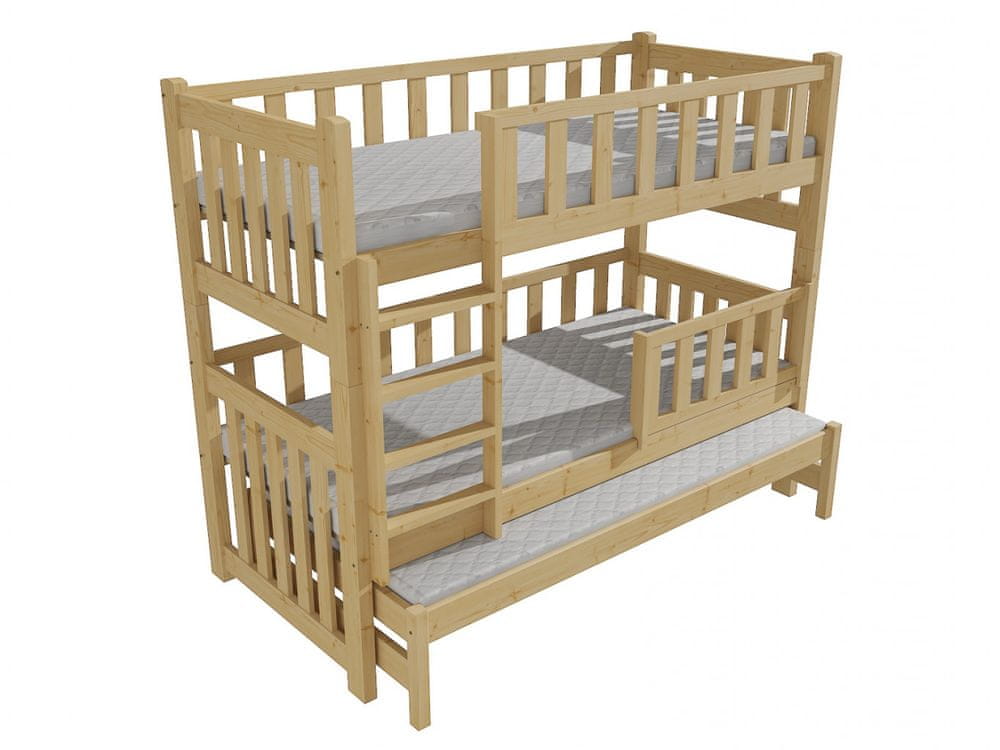 eoshop Poschodová posteľ s výsuvnou prístelkou PPV 023 so zábranou (Rozmer: 90 x 190 cm, Priestor medzi lôžkami: 90 cm, Farba dreva: surové drevo)
