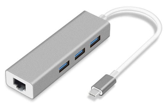 Hub USB C 3.1 (gen1) s Gigabitovým Ethernet adaptérom, 3x USB 3.0, pokovovaný box