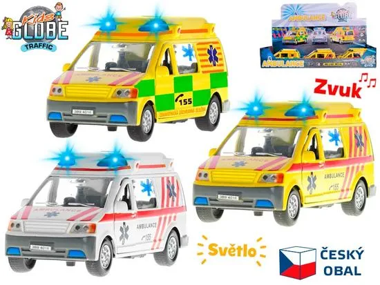 Kids Globe Traffic ambulancia 14 cm kov spätný chod na batérie český design svetlo a zvuk