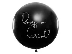 PartyDeco Čierny balónik holka alebo chlapec, ružové konfety 1m -
