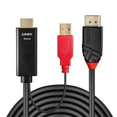 Lindy Kábel HDMI na DisplayPort M/M 1m, jednosmerný, 4K@30Hz, 10.2Gbit/s, USB napájanie, čierny, Aktívny
