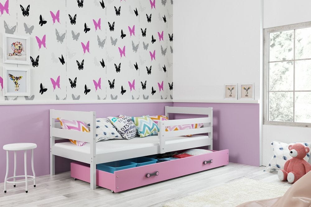 eoshop Detská posteľ Eryk - 1 osoba, 80x190 s úložným priestorom - Biela, Ružová