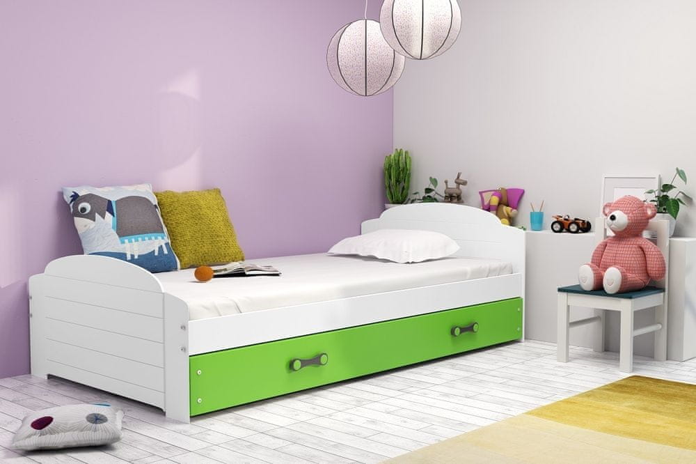 eoshop Detská posteľ Liali - 1 osoba, 90x200 s úložným priestorom - Biela, Zelená