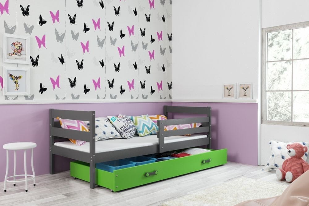 eoshop Detská posteľ Eryk - 1 osoba, 90x200 s úložným priestorom - Grafit, Zelená