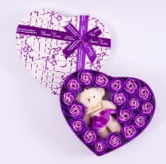 Medvídárek veľké srdce s fialovými mydlovými ružami a plyšovým medvedíkom