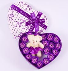 Medvídárek veľké srdce s fialovými mydlovými ružami a plyšovým medvedíkom