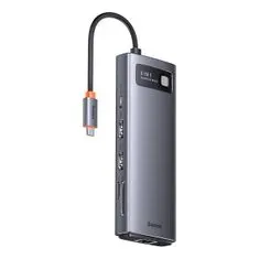 BASEUS Metal Gleam USB-C HUB adaptér 2x HDMI / 2x USB 3.2 / USB 2.0 / PD / SD / TF / RJ45, šedý