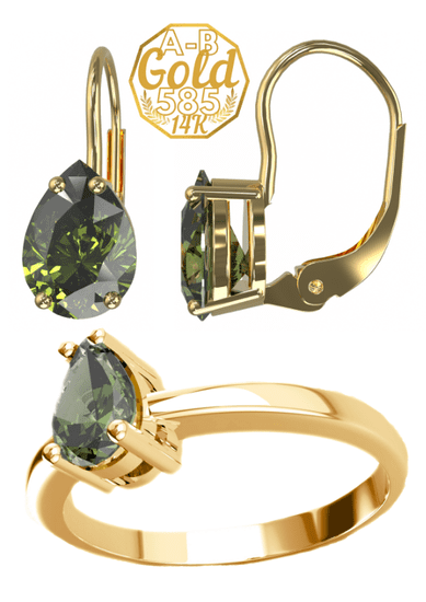 A-B A-B Súprava šperkov prívesok a náušnice Zelený les s vltavínom v žltom zlate