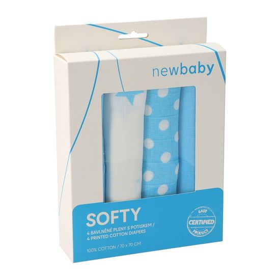 NEW BABY Látkové bavlnené plienky Softy s potiskom 70 x 70 cm 4 ks tyrkysovo-biele