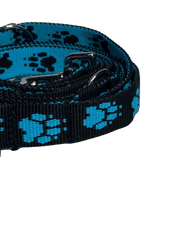 Palkar Vodítko prepínacie z popruhu pre psov 250 cm x 25 mm čierno-svetlo modrá s labkami