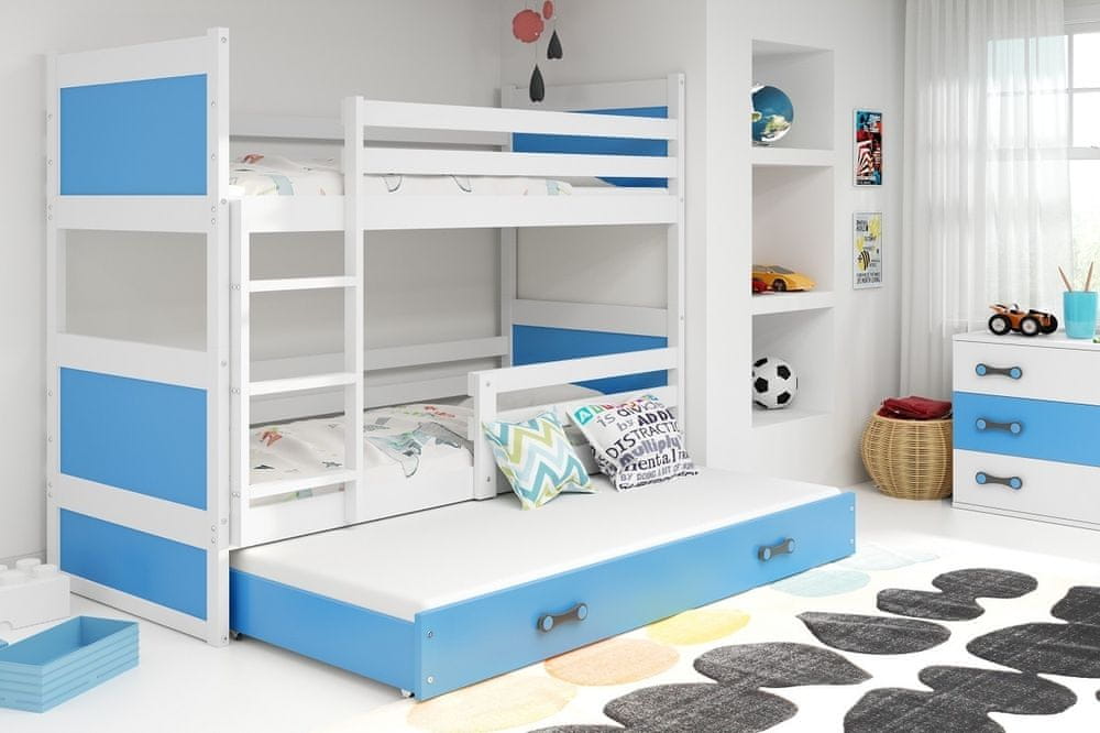 eoshop Detská poschodová posteľ Rico - 3 osoby, 80x190 s výsuvnou prístelkou - Biela, Modrá