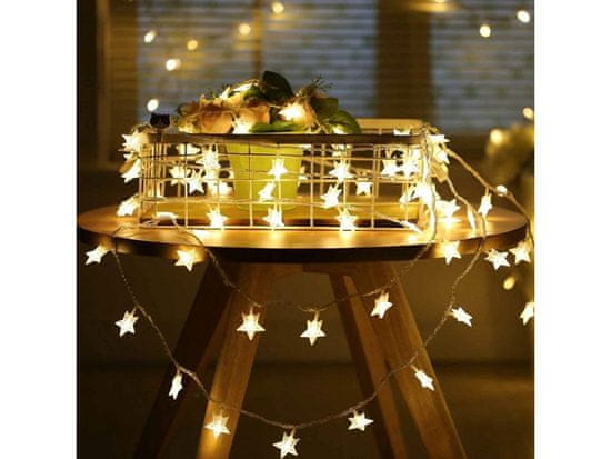 AUR Vnútorná LED vianočná reťaz s hviezdičkami, teplá biela, 6m, 50 LED