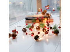 commshop Svetelná vianočná reťaz s šiškami, červenými bobuľami a ihličím, 2,7m, 80 LED, studená biela