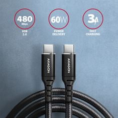 AXAGON kábel USB-C - USB-C, USB 2.0, PD 60W 3A, ALU, opletený, 2m, čierna