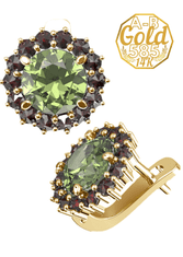 A-B A-B Náušnice zo zeleného lúča s prírodnými granátmi a vltavínom v žltom zlate