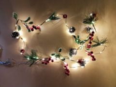 commshop Svetelná vianočná reťaz s šiškami, červenými bobuľami a ihličím, 2,7m, 80 LED, studená biela