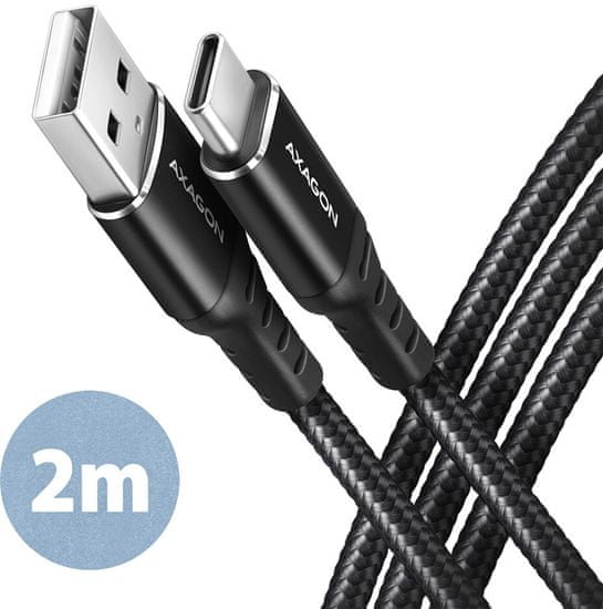AXAGON kábel USB-C - USB-A, USB 2.0, 3A, ALU, opletený, 2m, čierna