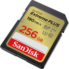 SanDisk Extreme PLUS 256 GB SDXC Memory Card 190 MB/s a 130 MB/s, UHS-I, Class 10, U3, V30