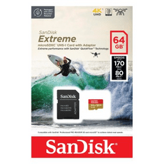 Extreme microSDXC 64GB pre akčné kamery + SD adaptér 170MB/s a 80MB/s, A2 C10 V30 UHS-I U3