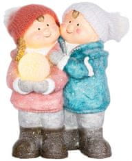 MAGIC HOME Chlapček a dievčatko so snehovou guľou, 1 LED, keramika