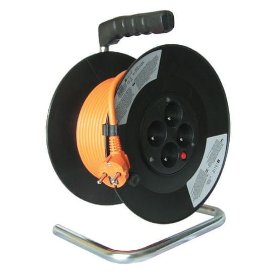 Solight predlžovací prívod na bubne, 4 zásuvky, 50m, oranžový kábel, 3x 1,5mm2, PB04