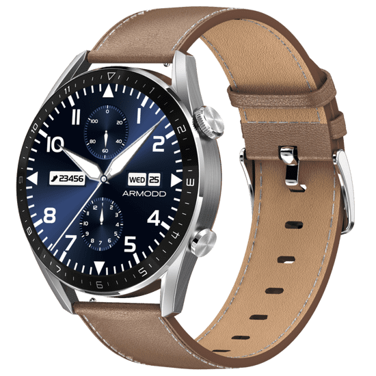 ARMODD Silentwatch 5 Pro strieborné s hnedým koženým remienkom + silikónový remienok, smartwatch