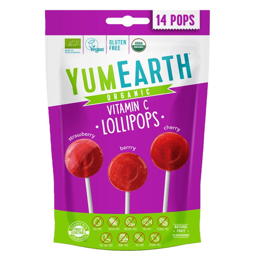 YUMEARTH BIO Ovocné lízanky s vitamínom C - s príchuťou jahody, čerešne a lesných plodov 14 ks, 87 g