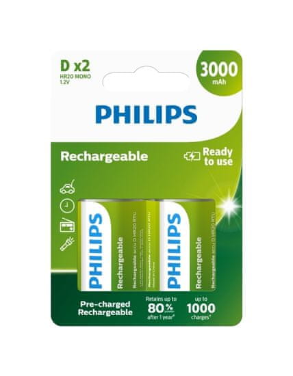 Philips Batéria R20B2A300/10 nabíjací D 3000mAh 2ks