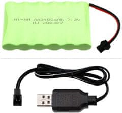 YUNIQUE GREEN-CLEAN 1 kus 7.2V 2400mAh Ni-MH AA nabíjateľná batéria s SM-2P 2Pin zástrčkou a USB nabíjacím káblom pre RC nákladné vozidlá