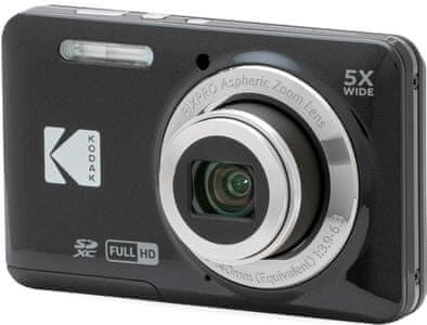 moderný kompaktný digitálny fotoaparát kodak fz55 videá hd fotorežimy 16mpx fotky detekcia tváre redukcia červených očí usb port a kábel liion batérie