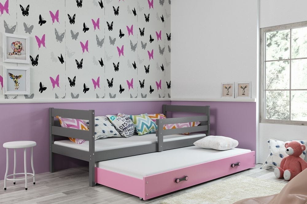 eoshop Detská posteľ Eryk - 2 osoby, 80x190 s výsuvnou prístelkou - Grafit, Ružová