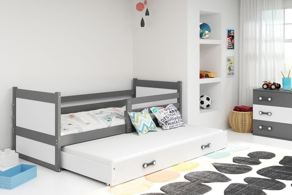 eoshop Detská posteľ Rico - 2 osoby, 90x200 s výsuvnou prístelkou - Grafit, Biela