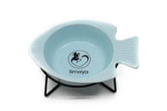 limaya keramická miska pre psy a mačky v tvare rybky s kovovým podstavcom modrá