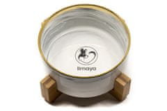 limaya keramická miska pre psov a mačky žíhaná bielo šedá so zlatým okrajom s dreveným podstavcom 13 cm