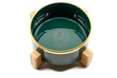 limaya keramická miska pre psy a mačky tmavo zelená lesklá so zlatým okrajom a dreveným podstavcom 13 cm