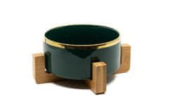 limaya keramická miska pre psy a mačky tmavo zelená lesklá so zlatým okrajom a dreveným podstavcom 13 cm