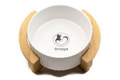 limaya keramická miska pre psy a mačky biela štruktúrovaná s dreveným polkruhovým podstavcom 15,5 cm.